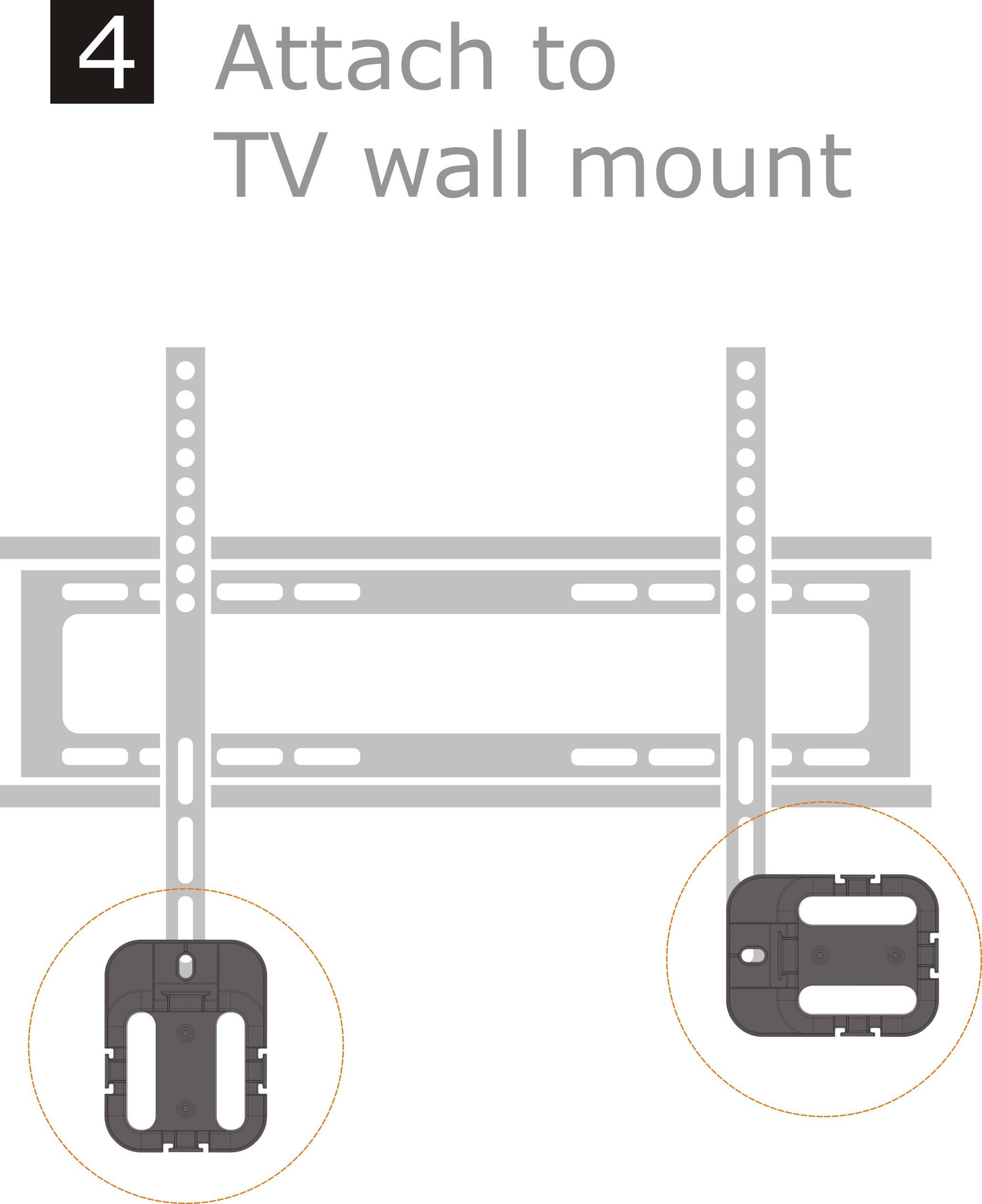Step 4: Attaching to TV Wall Mount. Figure shows two mounting positions on the TV frame for securing.