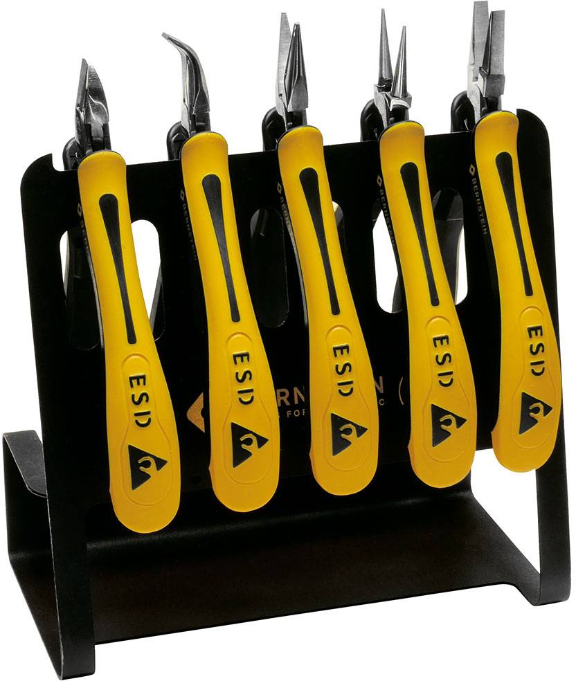 Five yellow ESD pliers in a black stand. Each plier has a specific head for different tasks, such as gripping or cutting. Ideal for electrostatically sensitive work.