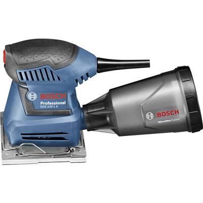 A blue Bosch Professional GSS 140-1 A sander with an integrated microfilter system is pictured.