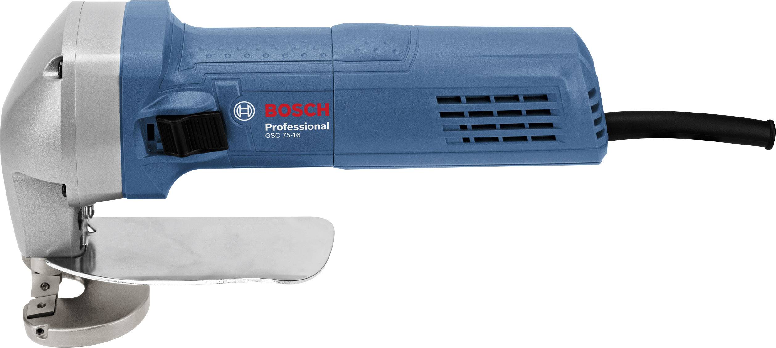 A blue Bosch electric power tool with a metal cutting blade, used for cutting materials. Cable at the rear.