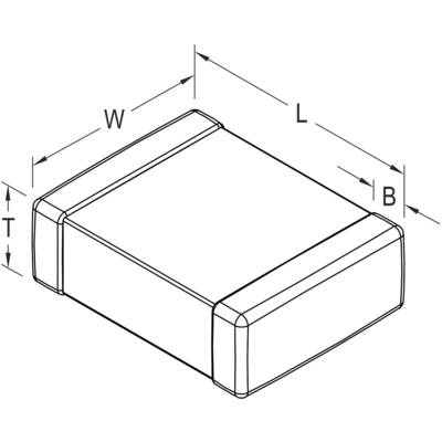 Technical drawing of a rectangular electronic component with labels for length (L), width (B), height (T), and width (W).