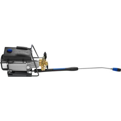 A portable high-pressure washer with a metal frame, pump and spray lance. Ideal for cleaning surfaces with high pressure.