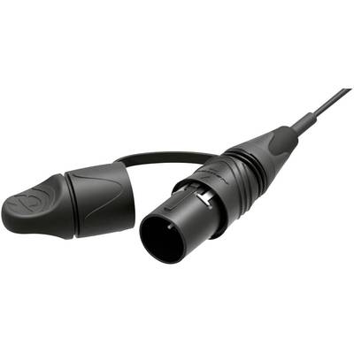 A black XLR plug with its protective cap removed, shown in a studio setting.