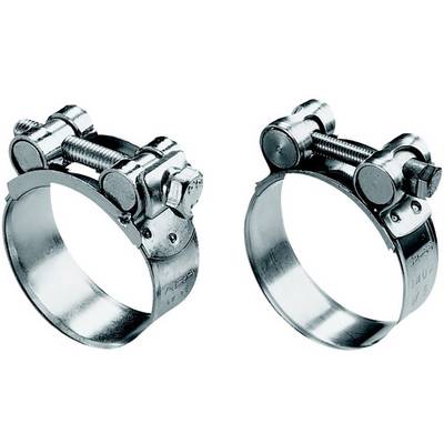 Two substantial metal hose clamps with a screw mechanism, designed for securing or sealing hoses.
