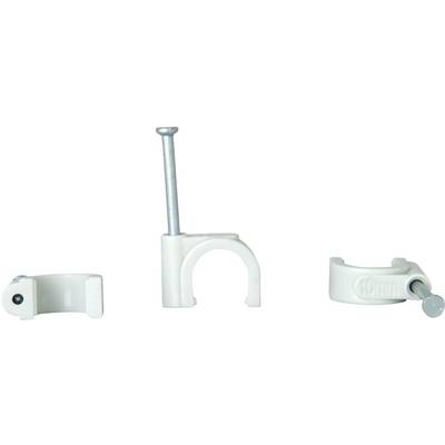 Three white cable clips with nails in various sizes, used for securing cables to walls or wooden surfaces.