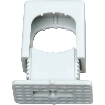 A white plastic cable clip, suitable for cables with diameters ranging from 6 to 16 mm.
