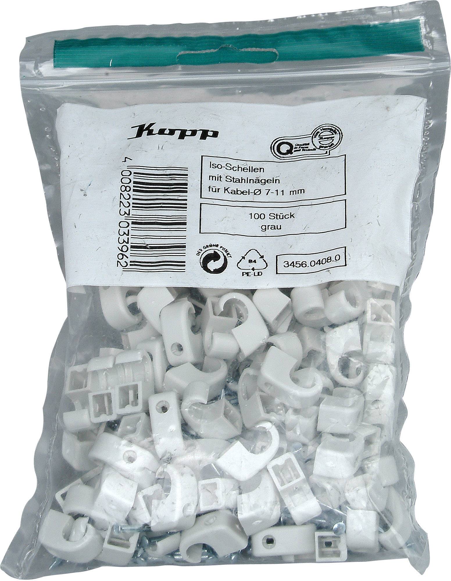 Bag of white ISO cable clips and steel nails for cable diameter 7-11 mm, 100 pieces, Kopp brand, Item number 3456.0408.0.