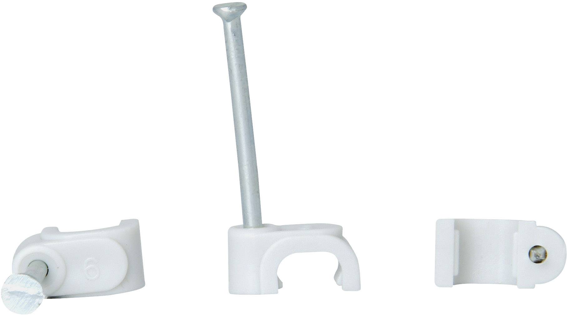 Three cable clips in white, centrally one with a nail pointing upwards, flanked by two without a visible nail, on a white background.