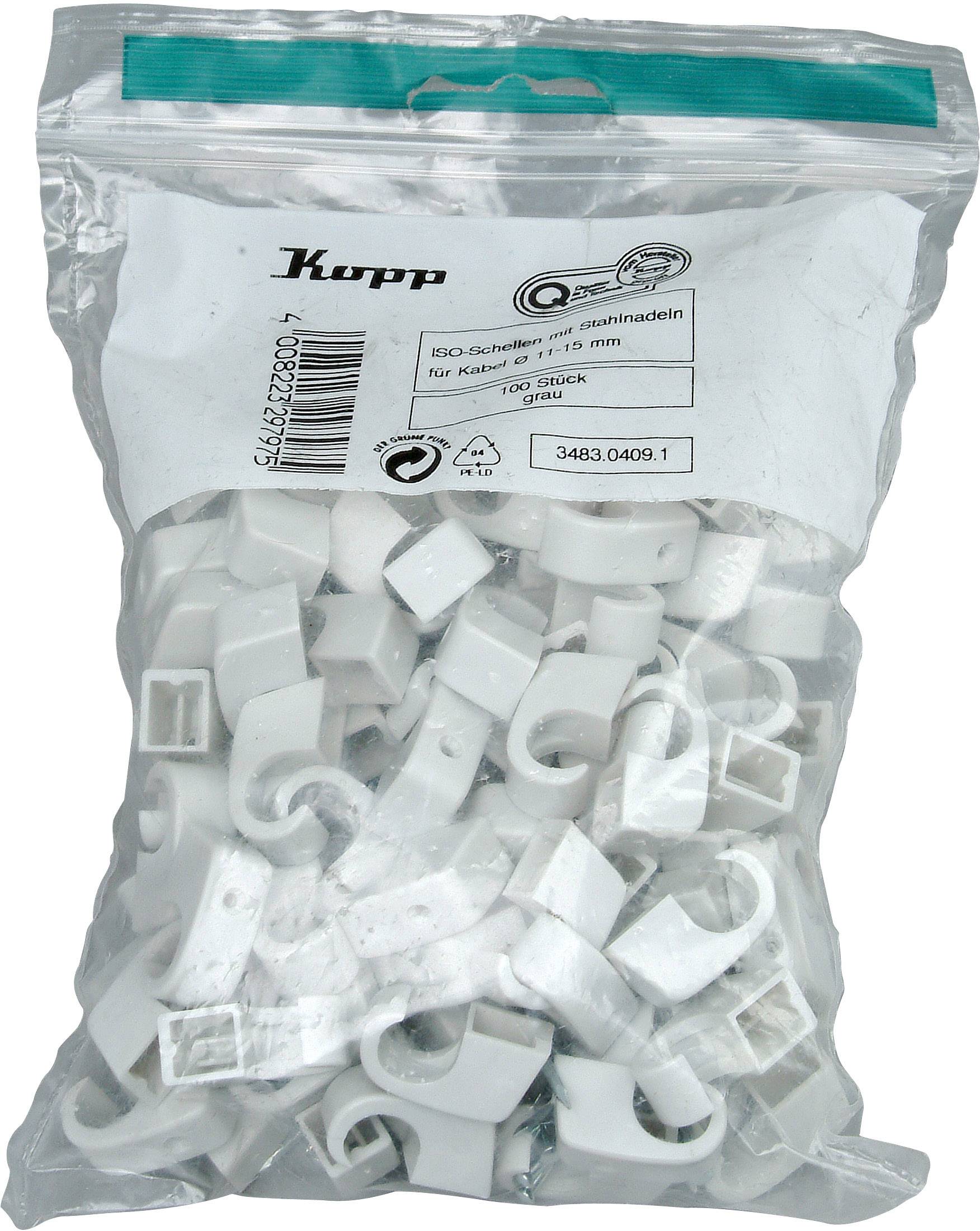 Bag of white cable clips, Kopp brand. Contains mounting clips and nails, suitable for cables up to 7 mm, pack of 100.