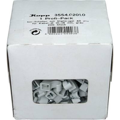 A white packaging with the text 'Iso Clips with Steel Nail 40 mm, for Cable Ø 10-14 mm, Grey, Pack of 200'