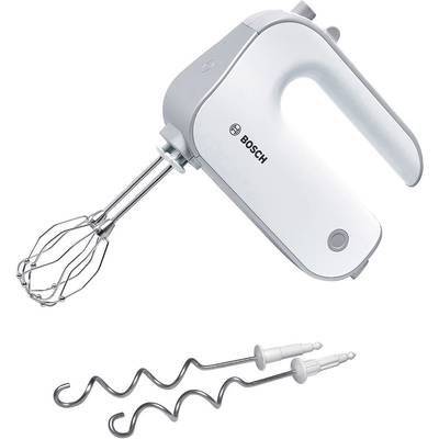 A white hand mixer with a whisk attachment, additionally two dough hooks included. Ideal for mixing and kneading dough.