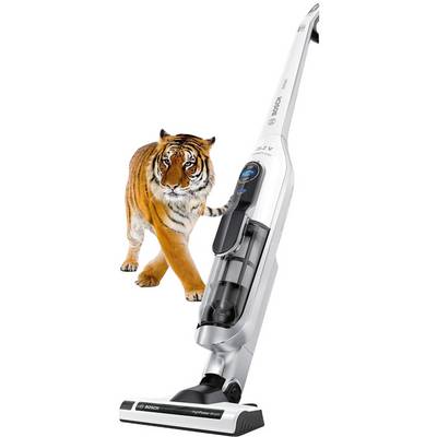 A white cordless vacuum cleaner stands vertically, with a tiger visible in the background. The brand of the vacuum cleaner is identifiable.