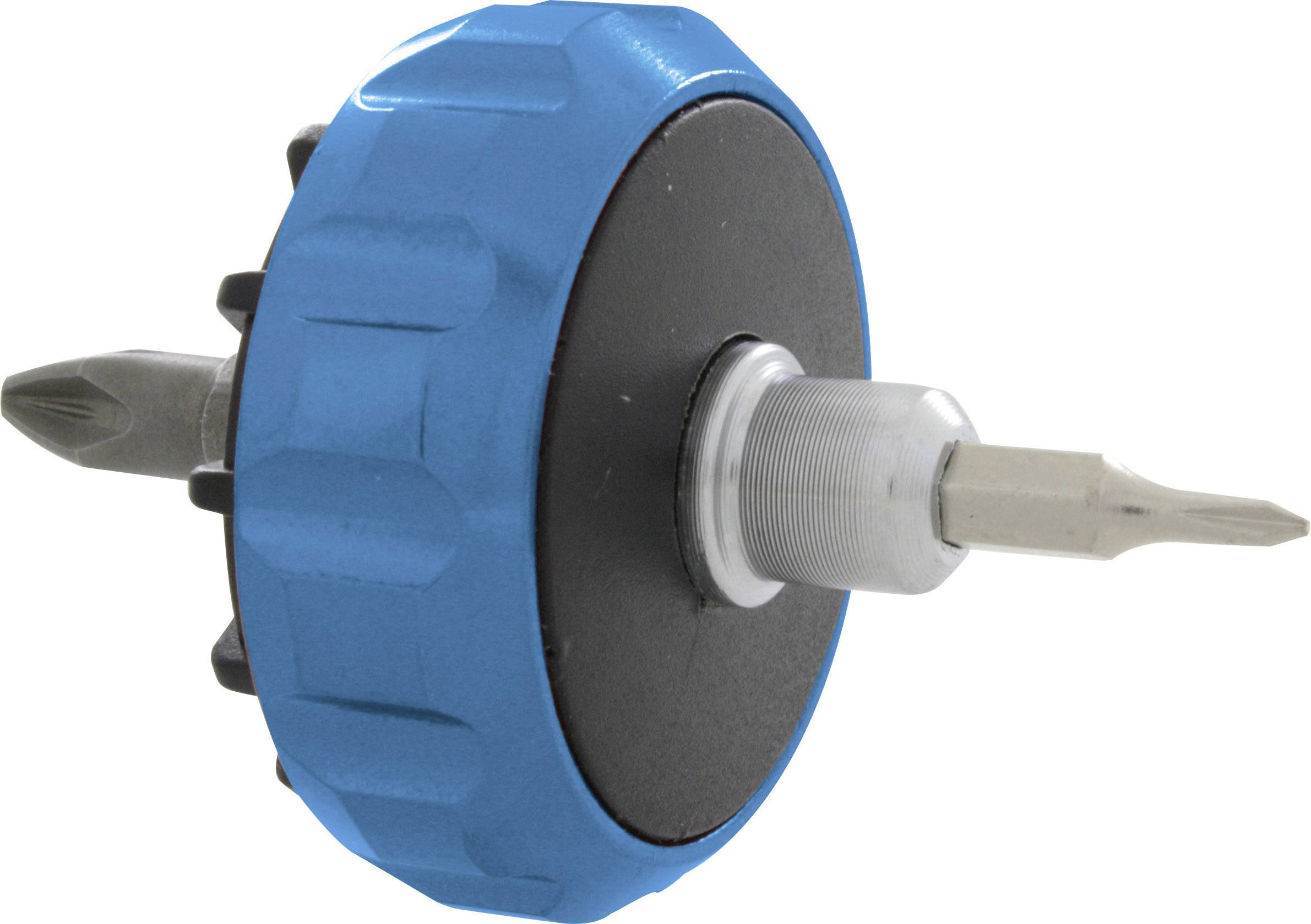 A blue, round screwdriver head with two protruding bits in opposite directions.