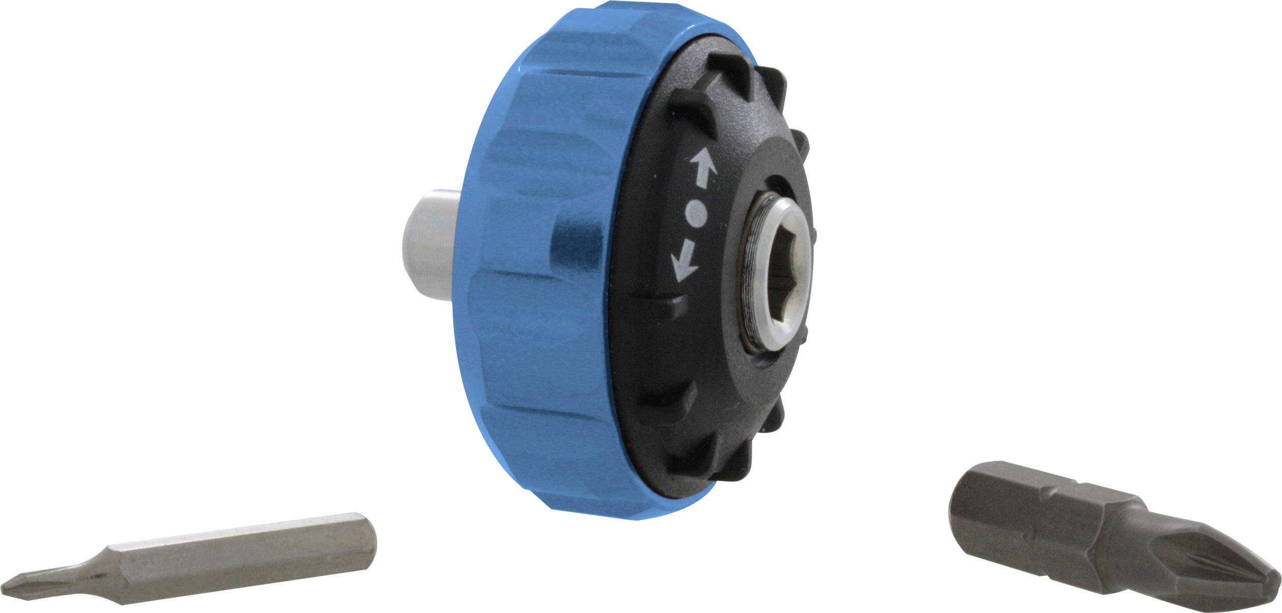 Small, blue-black rotary tool in the centre with two screwdriver bits on the left and right. Suitable for precise work.