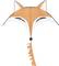 A kite in the shape of a fox's face with orange and white details and a long, billowing tail.