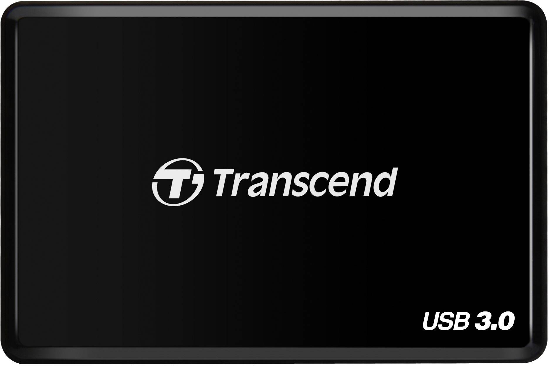 External hard drive by Transcend with USB 3.0. Black, rectangular design with the Transcend logo in the centre.