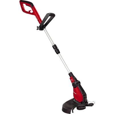 A red, electric lawn trimmer with an adjustable telescopic shaft and ergonomic handle, ideal for precise lawn edging.