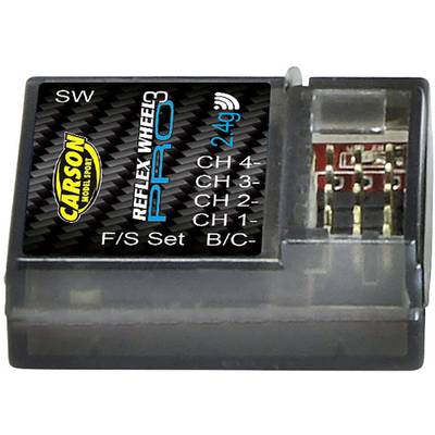 Compact receiver with multiple slots, suitable for RC models. Inscription: 'Reflex Wheel Pro 249', channels 1-4 listed.