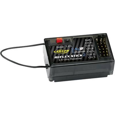 Receiver 'Reflex Stick 2' by Carson with 2.4 GHz. Six channels, LEDs for setup. Black housing with yellow logo on the top side.