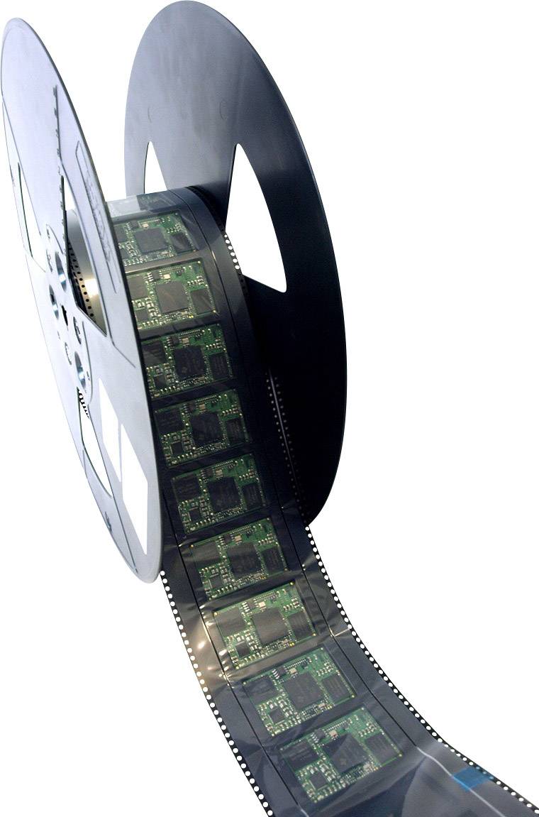 Film reel with multiple microchip images on the strip. Symbolises the merging of film and technology.