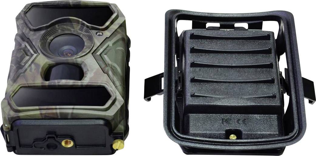 Two trail cameras: on the left, the front side with lens in camouflage colours, on the right, the rear side with mounting bracket.