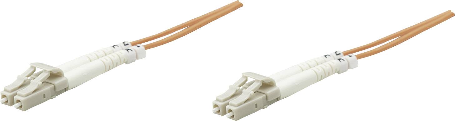 Two beige fibre optic plugs with orange cable for data connections, lying side by side.