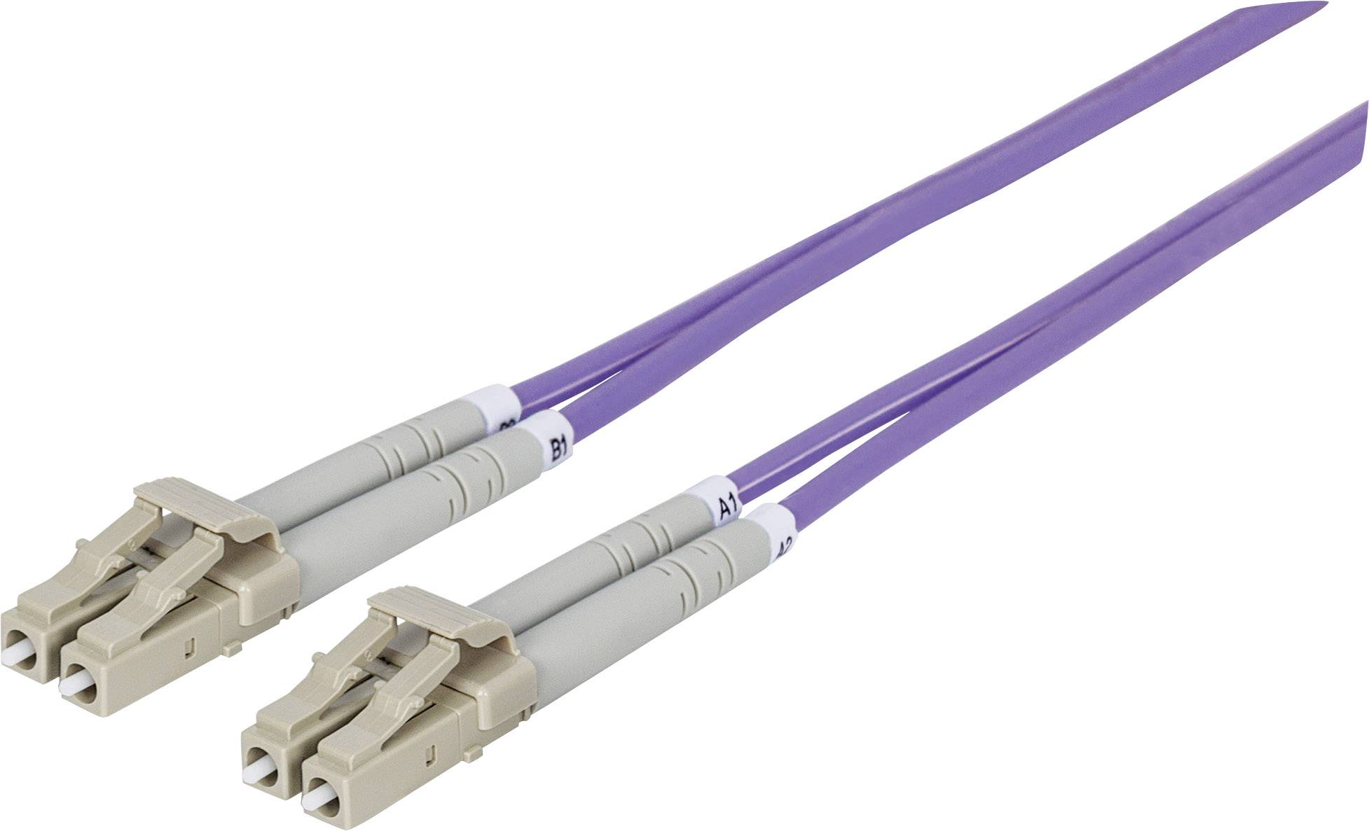 Two purple fibre optic cables with LC connectors show their ends. Suitable for high-speed data connections in network environments.
