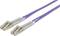 Two purple fibre optic cables with LC connectors show their ends. Suitable for high-speed data connections in network environments.