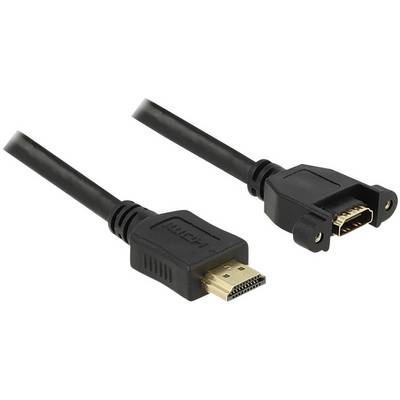 A black HDMI cable with a standard plug on one side and a panel-mount connector on the other, suitable for device connections.