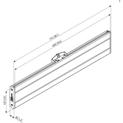 Technical drawing of a rectangular bracket with dimensions: 71.5 cm long, 7.4 cm high, 3 cm deep. Mounting bracket in the centre.