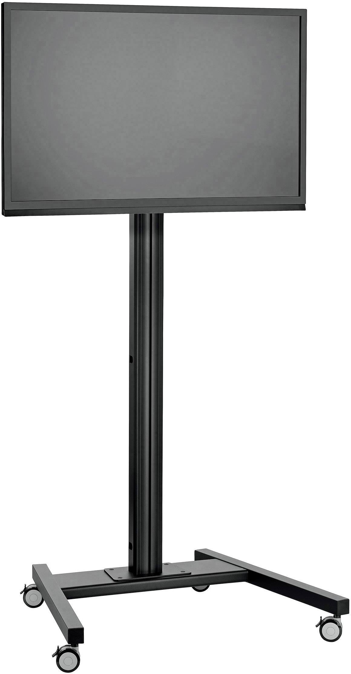 A mobile screen stand with wheels, suitable for presentations or conferences. Screen is black and unmarked.