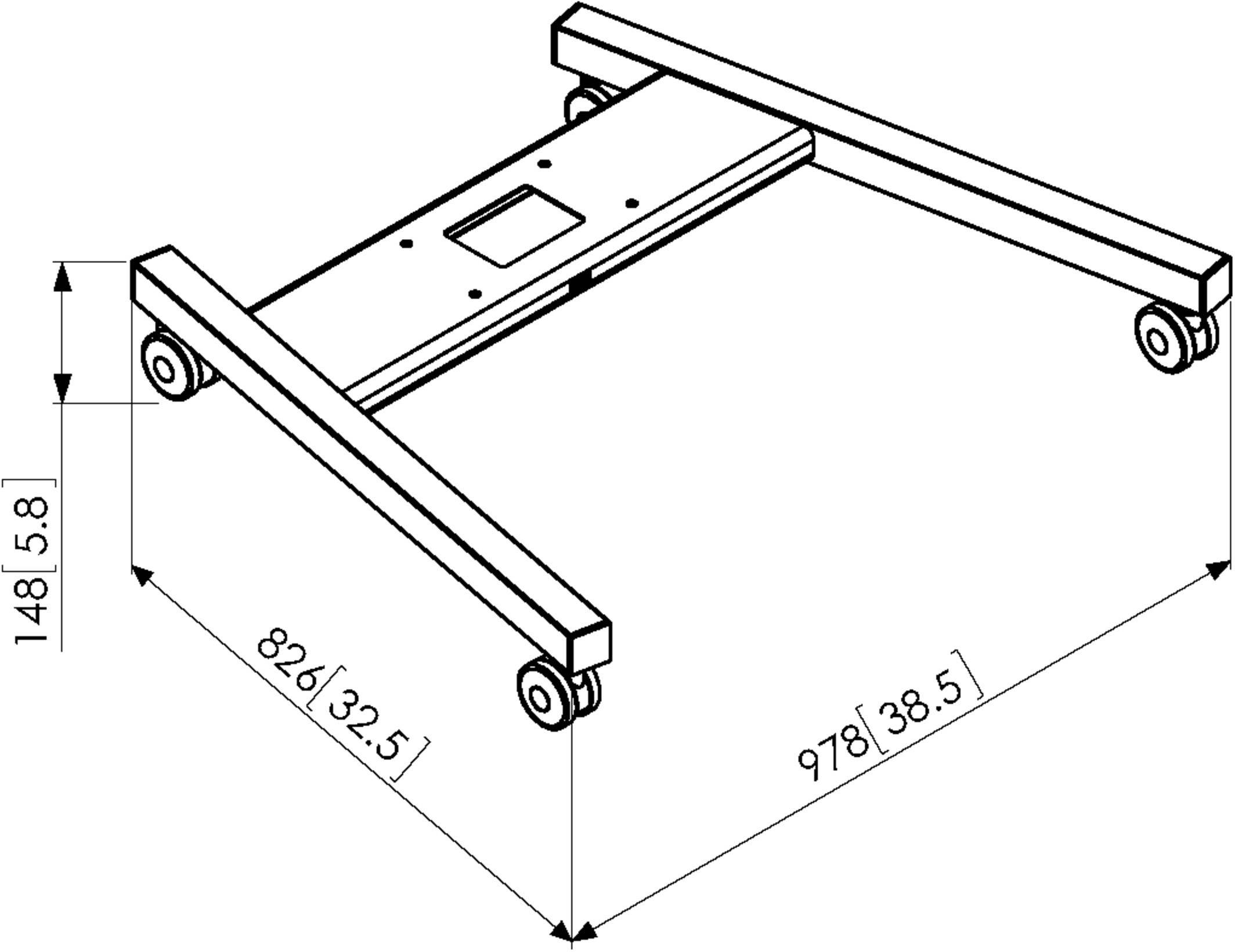 Isometric drawing of a rectangular frame with wheels at each corner. Dimensions: Length 978 mm, Width 826 mm, Height 148 mm.