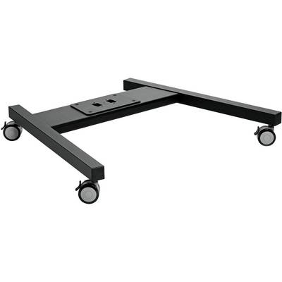A black metal stand with four castors, suitable for supporting electronic devices or small pieces of furniture.