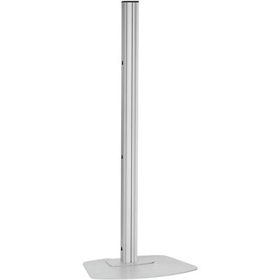 Silver metal stand with a rectangular base, suitable for mounting devices or signs, freestanding and minimalist in design.