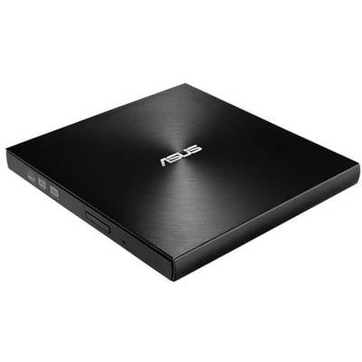 Black, slim external drive with Asus logo. Slim design, suitable for CDs and DVDs.
