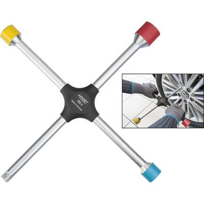 Cross spanner with colour-coded ends. Additional image shows person changing a tyre with tools.