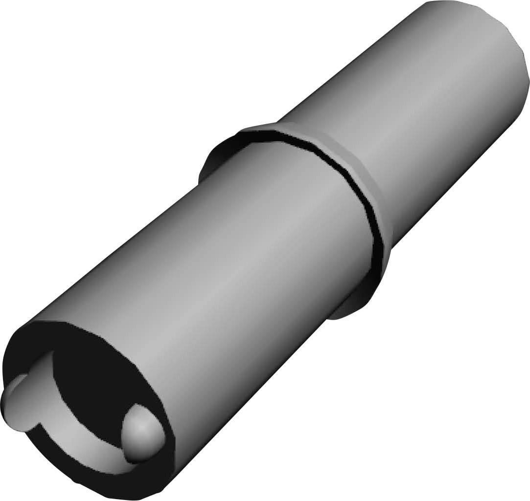 A grey, cylindrical metal component with a wide ring in the middle and two smaller elements at one end.