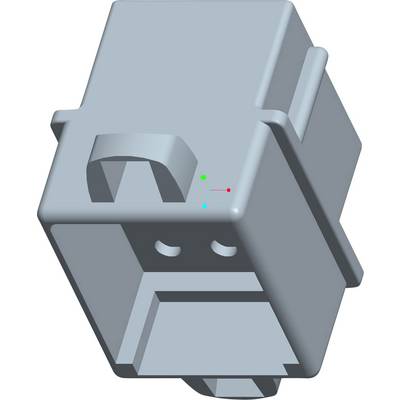 A grey, three-dimensional model of a technical component with two visible holes and a small coloured coordinate system at the top.
