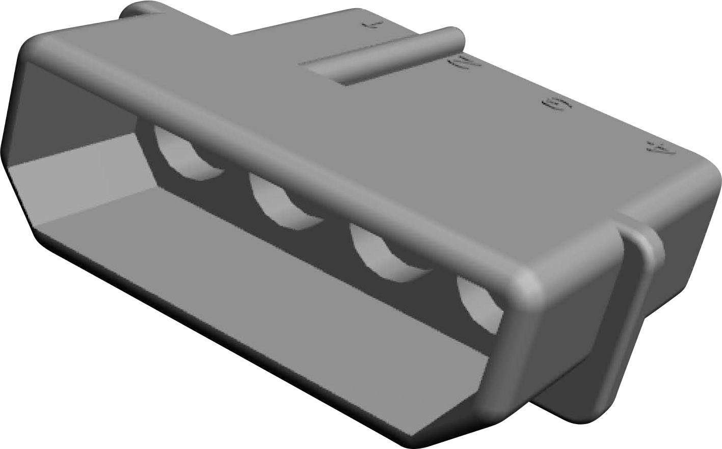 Grey, rectangular Molex connector with four power connections, commonly used in computer hardware to power components.