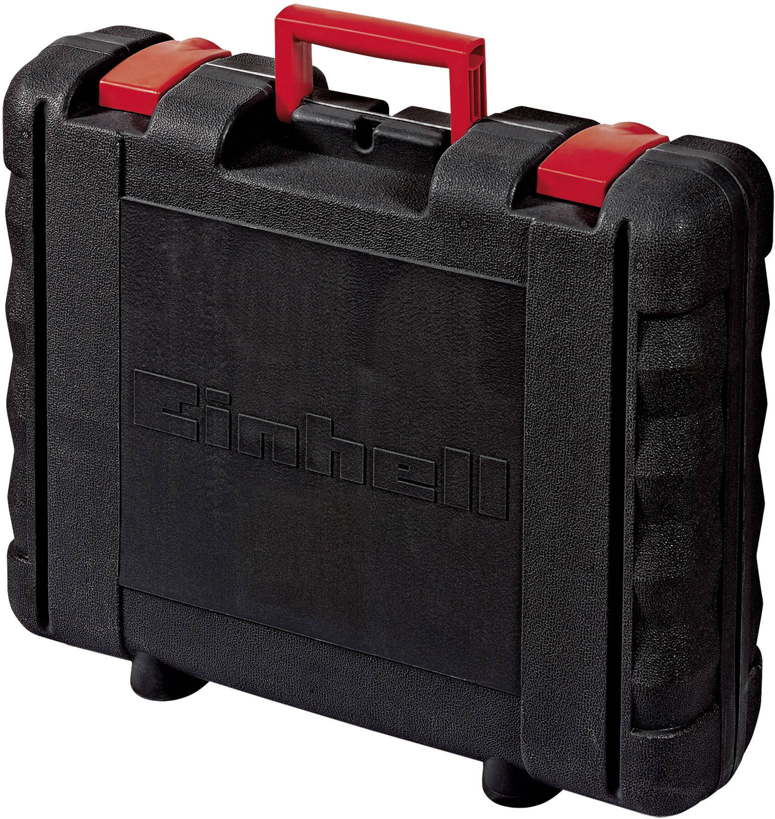 Black tool case with red handle and Einhell logo on the front. Suitable for transporting and storing tools.