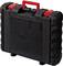 Black tool case with red handle and Einhell logo on the front. Suitable for transporting and storing tools.