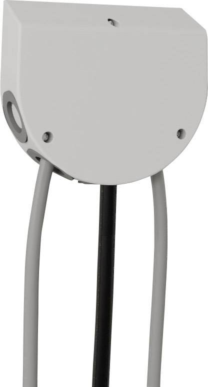 A white electrical junction box with three cables emerging from the bottom.