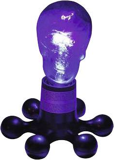 A violet-glowing light bulb on a black glossy, crab-shaped stand, reminiscent of a unique art piece.