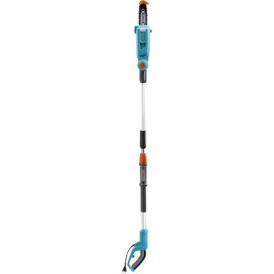 Telescopic tree pruner with blue-orange handle and black cutting head. Suitable for high branches, adjustable length.