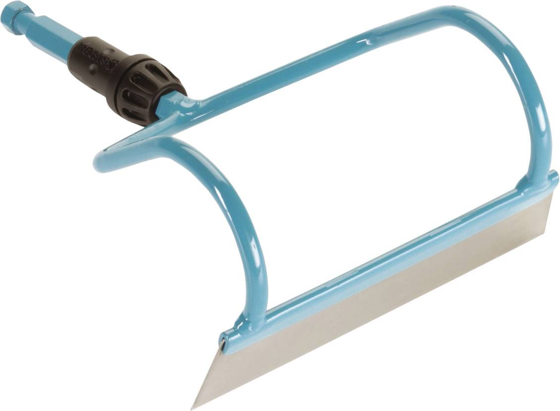 Blue gardening tool with a handle and sharp blade, likely used for weeding or cultivating the soil.