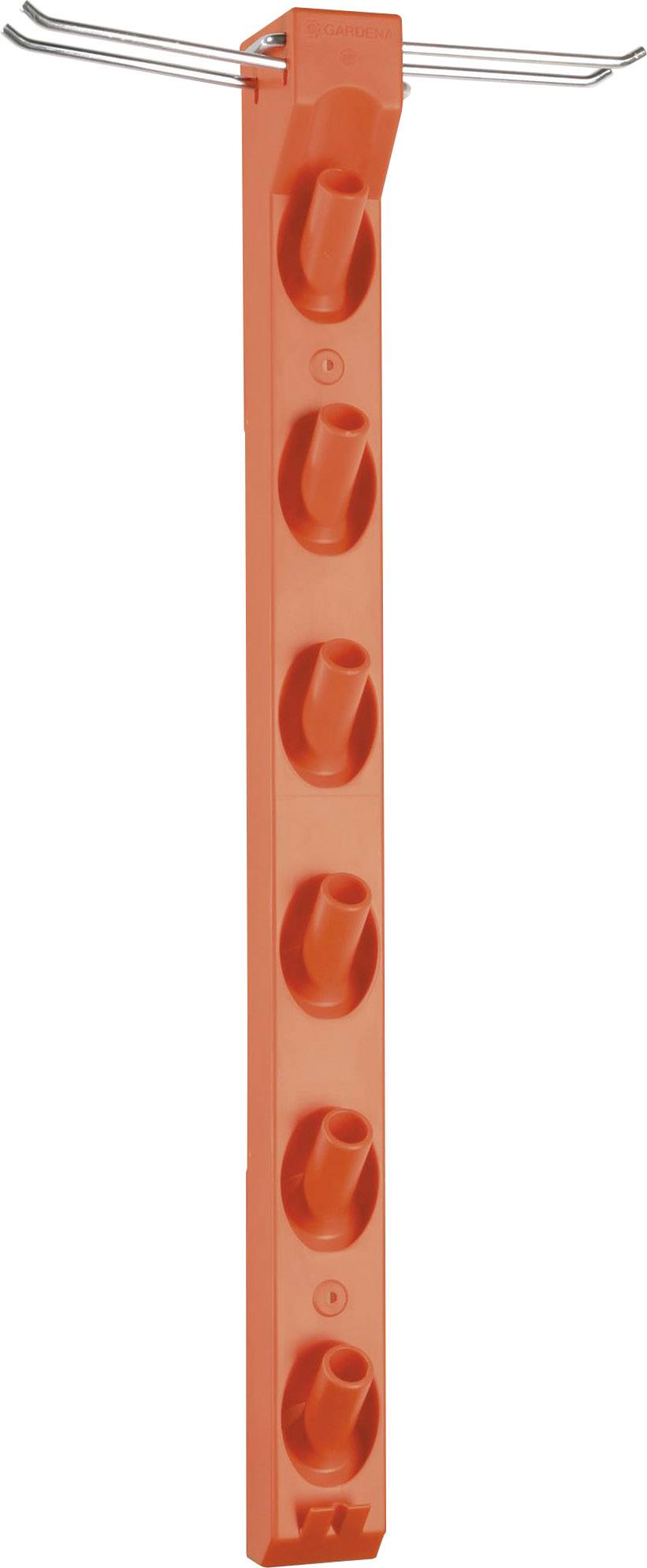 A red, vertical plastic holder with six hooks and two metal brackets at the top for wall mounting.