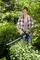 A person in a checked shirt is cutting dense bushes with an electric hedge trimmer in a garden on a sunny day.