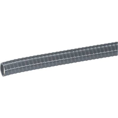 A grey, corrugated plastic conduit for cables and wires, which is flexible and provides protection.