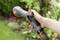 A hand is holding a grey and orange garden spray gun with an adjustable water nozzle head, against a blurred garden background.