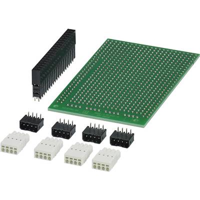 A green breadboard with black and white connectors, suitable for electronic circuits and prototype development.